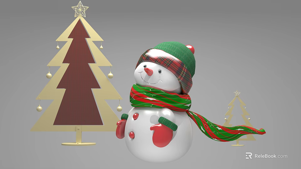 Commercial Christmas Decorative Equipment With Snowman Figure And Golden Tree Ornaments 3d model 