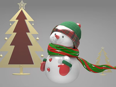 Commercial Christmas Decorative Equipment With Snowman Figure And Golden Tree Ornaments 3d model