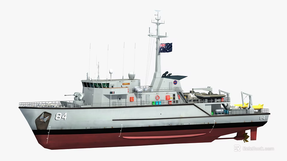 White and Red Hull Vessel With Mast Antennas Australian Flag Number 84 And Deck Equipment 3d model 