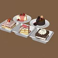 Assorted Delicious Cakes with Strawberry Cream and Chocolate on White Plates and Square Containers