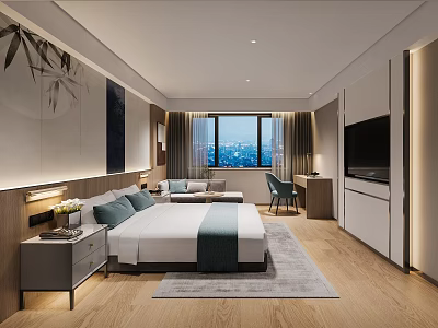 Modern Hotel Guest Room With King Bed City View Sofa And Wooden Floor 3d model