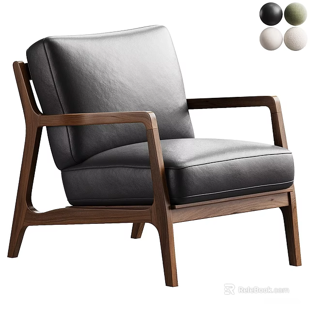 Modern Black Leather Single Sofa With Wooden Armrests And Minimalist Design 3d model 