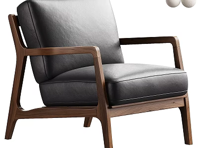 Modern Black Leather Single Sofa With Wooden Armrests And Minimalist Design 3d model
