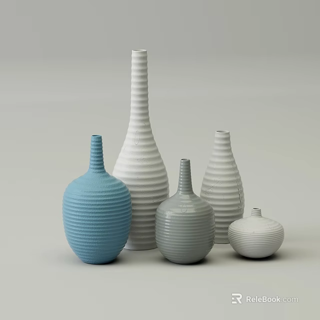 Blue White Gray Ceramic Vases With Striped Texture And Various Shapes For Home Decor 3d model 