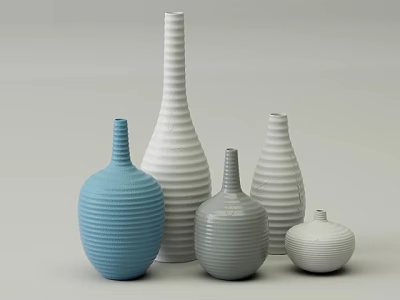 Blue White Gray Ceramic Vases With Striped Texture And Various Shapes For Home Decor 3d model