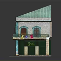 Two Story Building Model Featuring Green Roof White Walls Arched Windows Balcony And Green Doors