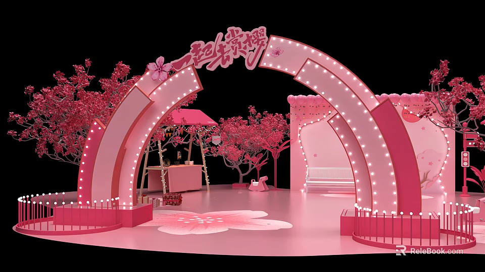 Pink Themed Decorative Scene With Curved Arch Cherry Blossom Trees And String Lights 3d model 