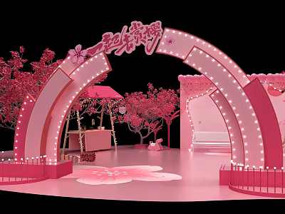 Pink Themed Decorative Scene With Curved Arch Cherry Blossom Trees And String Lights 3d model