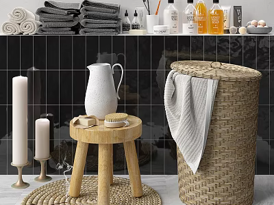 Bathroom Accessories Featuring Stacked Towels Toiletries Wooden Stool Jug Brush Wicker Basket And Candles 3d model