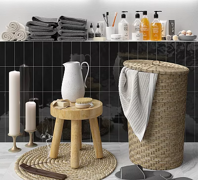 Bathroom Accessories Featuring Stacked Towels Toiletries Wooden Stool Jug Brush Wicker Basket And Candles 3d model