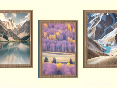 Scenic Landscape Wall Art with Mountain Lake Purple Yellow Trees and Snowy River 3d model