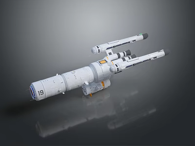 White Modular Spacecraft Model With Attached Thrusters And Gray Reflective Background 3d model