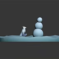 Child Playing With Snowman And White Kitten On Blue Snowy Ground