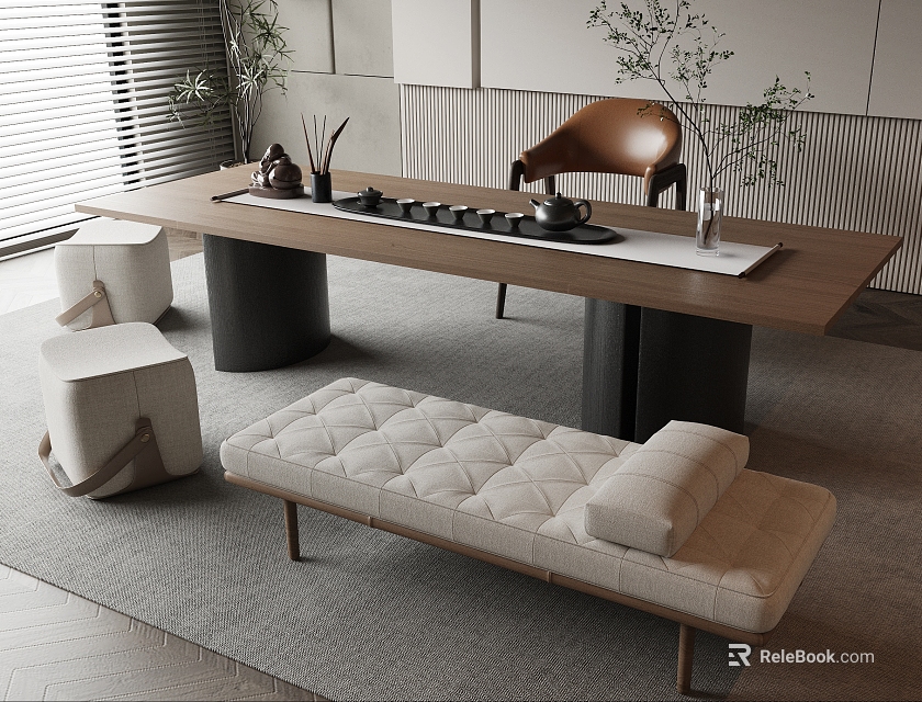 Modern Interior Wooden Table with Black Legs Brown Chair and Beige Upholstered Bench Stools 3d model 