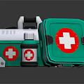 Medical Equipment Featuring Green First Aid Kit With Red Cross Symbol And Bottle