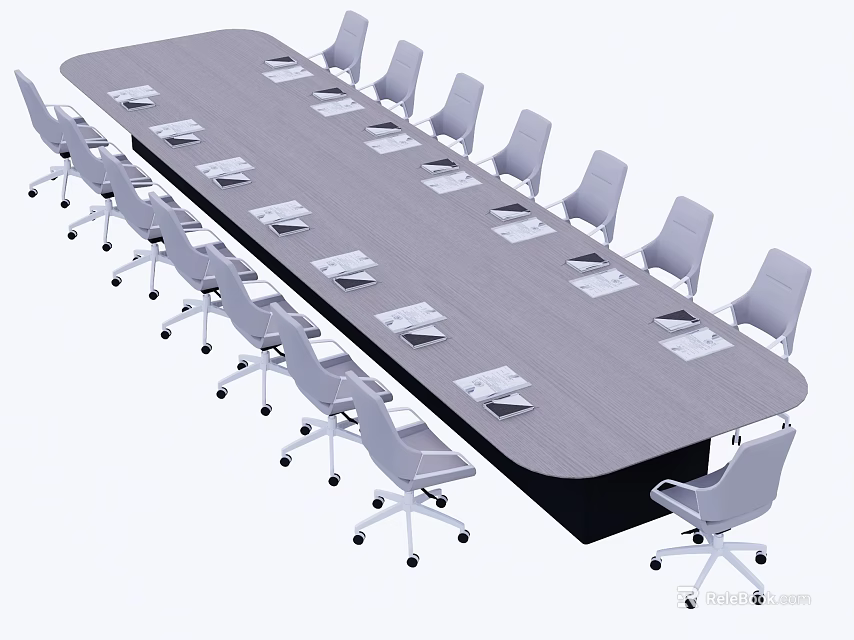 Modern Office Conference Table with Rolling Chairs and Documents on Surface 3d model