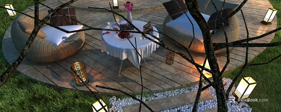 Outdoor Garden Landscape with Wooden Deck Round Table White Tablecloth Sofa Seats Lanterns and Trees 3d model 