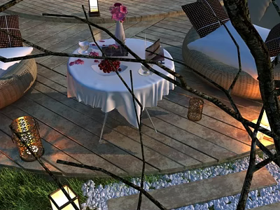 Outdoor Garden Landscape with Wooden Deck Round Table White Tablecloth Sofa Seats Lanterns and Trees 3d model