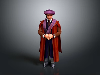 Man In Red Robe Wearing Purple Turban With Dark Garment Hands Crossed Against Gray Background 3d model