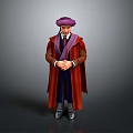 Man In Red Robe Wearing Purple Turban With Dark Garment Hands Crossed Against Gray Background