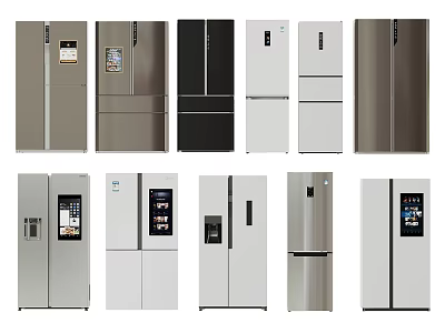 Various Modern Refrigerators and Freezers With Different Door Styles Color Options and Digital Displays 3d model