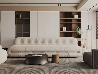 Modern Living Room Interior Design With Soft Sofa Round Coffee Table And Wooden Bookshelves 3d model