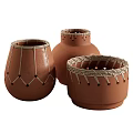 Three Brown Ceramic Vessels With Woven Decorative Accents And Rounded Shape 3d model