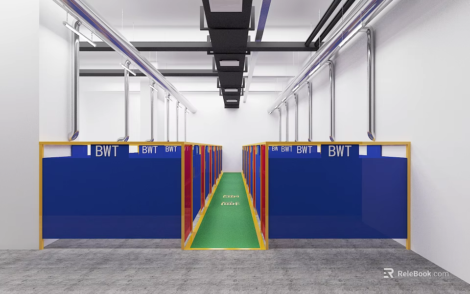 Industrial Workshop Interior Featuring BWI Signs Blue Red Partitions And Green Pathway 3d model 