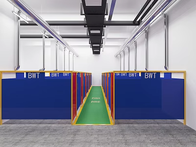 Industrial Workshop Interior Featuring BWI Signs Blue Red Partitions And Green Pathway 3d model