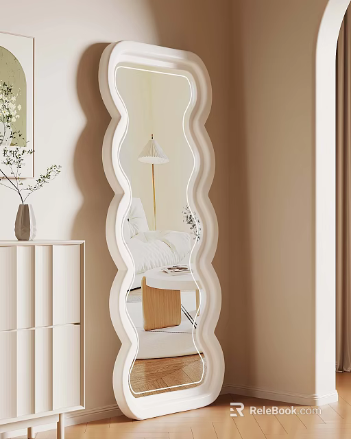 White Wave Shaped Full Length Mirror With Minimalist Cabinet Vase And Reflected Bedroom Scene 3d model 