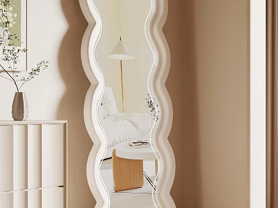 White Wave Shaped Full Length Mirror With Minimalist Cabinet Vase And Reflected Bedroom Scene 3d model