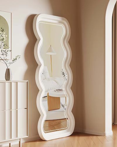 White Wave Shaped Full Length Mirror With Minimalist Cabinet Vase And Reflected Bedroom Scene 3d model