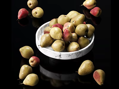 Fresh Yellow And Red Pears In White Marble Bowl Scattered Around Black Surface 3d model