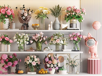 Vase Flowers Arrangement On Shelf With Pink White Yellow Blooms And Pink Astronaut Decor 3d model