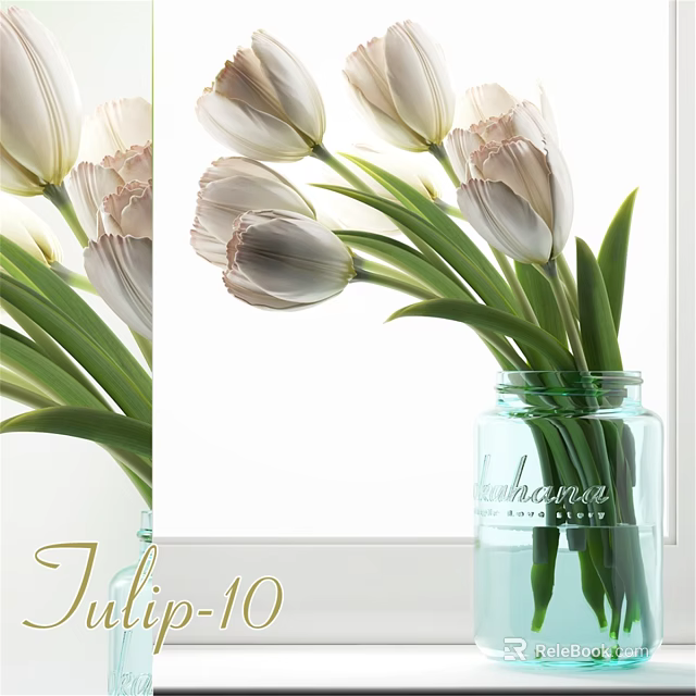 Decorative Ornament Set With White Pink Tulips In Light Blue Glass Jar For Home Decor 3d model 