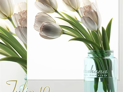 Decorative Ornament Set With White Pink Tulips In Light Blue Glass Jar For Home Decor 3d model