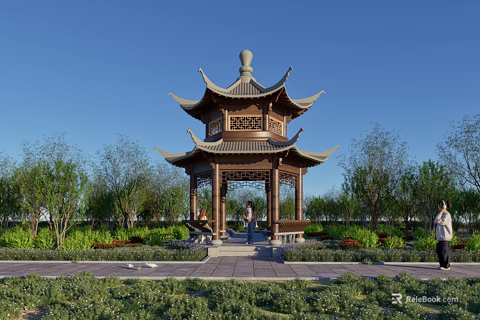 Traditional Chinese Pavilion With Decorative Top Multiple Eaves In Garden With Trees And People 3d model 