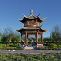 Traditional Chinese Pavilion With Decorative Top Multiple Eaves In Garden With Trees And People
