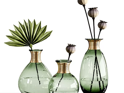 Green Glass Vases With Gold Accents And Lotus Buds With Palm Leaf For Home Decor 3d model