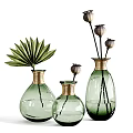 Green Glass Vases With Gold Accents And Lotus Buds With Palm Leaf For Home Decor