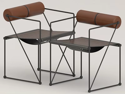 Two Stylish Leisure Chairs Featuring Black Metal Frame Brown Armrests And Wooden Seat 3d model