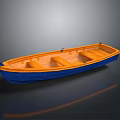 Wooden Small Boat With Blue Hull And Orange Seats For Water Transportation