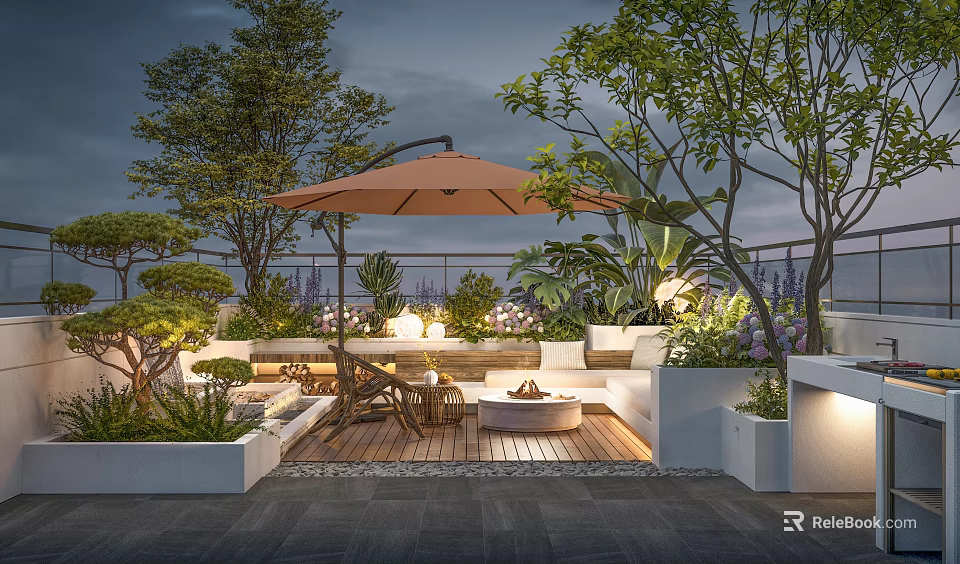 Roof Garden Design With Orange Umbrella Wooden Deck Sofa Fire Pit Green Plants And Lighting 3d model 