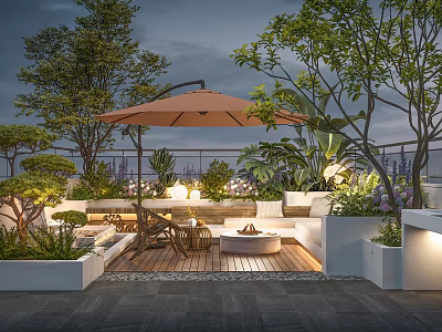 Roof Garden Design With Orange Umbrella Wooden Deck Sofa Fire Pit Green Plants And Lighting 3d model