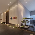 Modern Elevator Hallway With Decorative Paintings Green Plants And Dark Tiled Floor