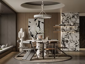 Modern Dining Room Round Dining Table Single Chair Chandelier Decorative Painting Ornaments Carpet 3d model