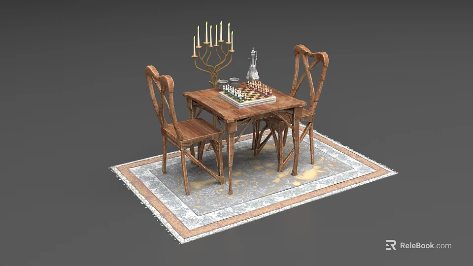 Vintage Wooden Table And Chairs Set With Chessboard Pieces Candelabra On Decorative Rug 3d model 