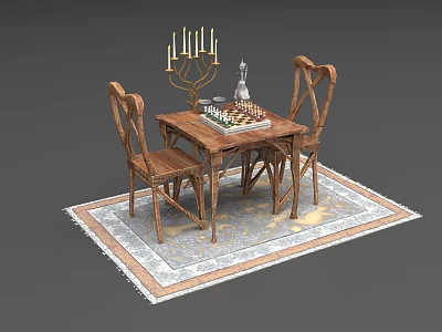 Vintage Wooden Table And Chairs Set With Chessboard Pieces Candelabra On Decorative Rug 3d model