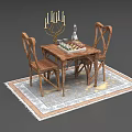 Vintage Wooden Table And Chairs Set With Chessboard Pieces Candelabra On Decorative Rug