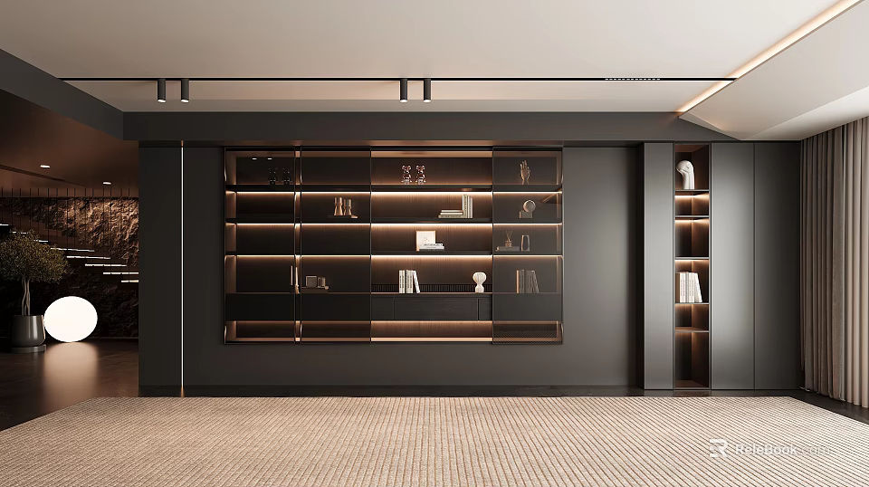 Modern Bookcase Interior Design With Layered Shelves And Warm Lighting Details 3d model 